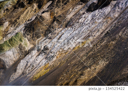Volcanic rock formation, mineral, sulfur, lava and snow layers geological texture Volcanic rock formation, mineral, sulfur, lava and snow layers geological texture 134525422
