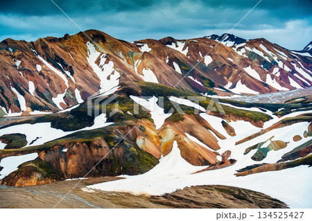 Scenic Blahnukur hiking trail of volcanic mountain with snow covered in Landmannalaugar, Iceland 134525427