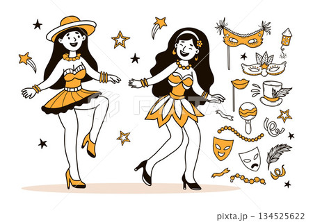 Carnival Women Dancers with Masquerade Masks, maracas, hat, Feather and Fireworks. Celebration Festive Party Doodle set. Isolated Color Hand-drawn. Vector Illustration. Not AI 134525622