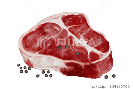 Fresh raw beef steak with black pepper watercolor illustration. Food clip art. Hand-drawn organic cow meat on a white background. Perfect for cookbook design, restaurant menus, and butcher shop signs. Fresh raw beef steak with black pepper watercolor illustration. Food clip art. Hand-drawn organic cow meat on a white background. Perfect for cookbook design, restaurant menus, and butcher shop signs. 134525766