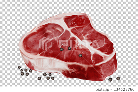 Fresh raw beef steak with black pepper watercolor illustration. Food clip art. Hand-drawn organic cow meat on a white background. Perfect for cookbook design, restaurant menus, and butcher shop signs. Fresh raw beef steak with black pepper watercolor illustration. Food clip art. Hand-drawn organic cow meat on a white background. Perfect for cookbook design, restaurant menus, and butcher shop signs. 134525766