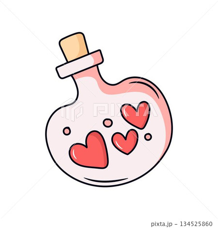Cute handdrawn magic love potion in a heart glass bottle with a cork 134525860