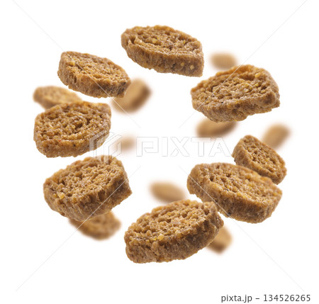 Bread croutons levitate on a white background Bread croutons levitate on a white background 134526265