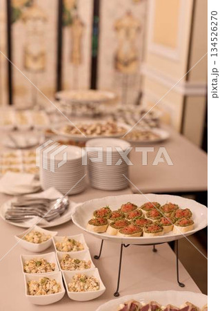 Classically Styled Hors D Oeuvres Arrangement With Orderly Porcelain And Ceramic Tableware Classically Styled Hors D Oeuvres Arrangement With Orderly Porcelain And Ceramic Tableware 134526270