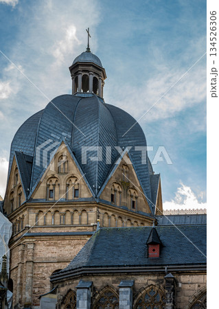 Aachen Cathedral dome and lantern rising into a soft winter sky 134526306