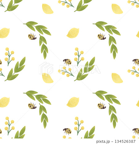 Seamless pattern with simple spring yellow flowers, twigs, leaves, green blades of grass, ladybug. Handmade illustrations, watercolors, pastels. For printing design 134526387