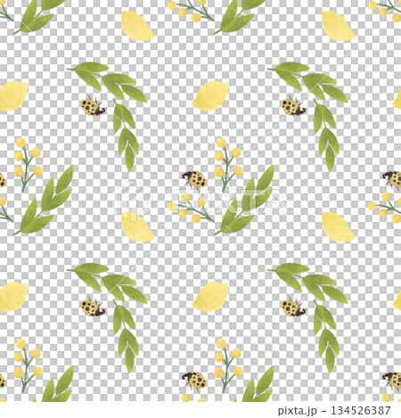 Seamless pattern with simple spring yellow flowers, twigs, leaves, green blades of grass, ladybug. Handmade illustrations, watercolors, pastels. For printing design 134526387