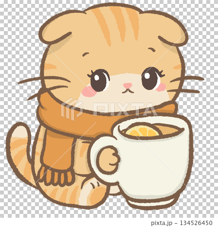 Cozy Honey Cat Clipart Cute Scottish Fold Kitten Holding Lemon Tea Warm Winter Drink Illustration Kawaii Orange Cat with Scarf for Stickers Planner Scrapbooking Crafts 134526450