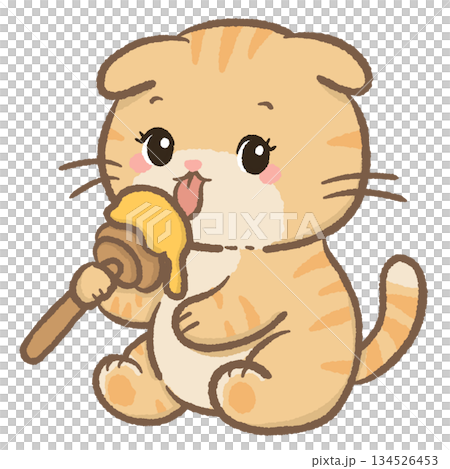 Kawaii honey cat licking sweet honey stick cozy winter scarf adorable feline dessert lover cute honeybee theme warm yellow tones illustration clipart 134526453