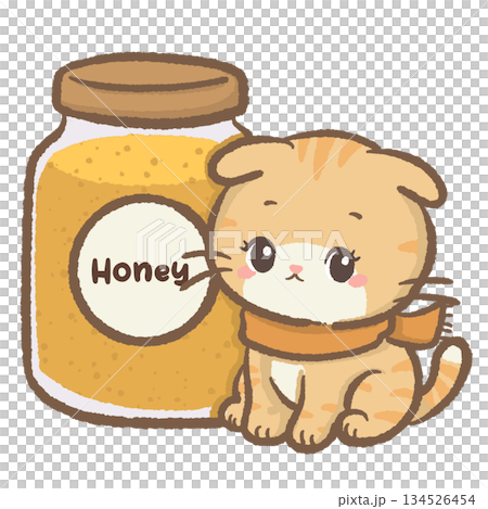 Cute honey cat sitting beside large honey jar cozy winter scarf adorable feline sweet pantry theme soft yellow tones kawaii illustration clipart 134526454