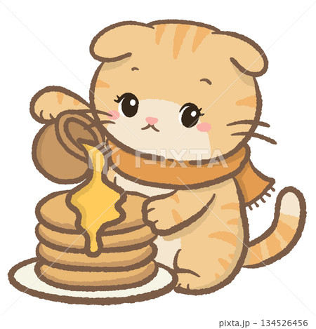 Cute cozy orange tabby cat pouring honey syrup on pancake stack breakfast food illustration kawaii winter scarf kitten clipart for cafe bakery stickers planners scrapbooking Cute cozy orange tabby cat pouring honey syrup on pancake stack breakfast food illustration kawaii winter scarf kitten clipart for cafe bakery stickers planners scrapbooking 134526456