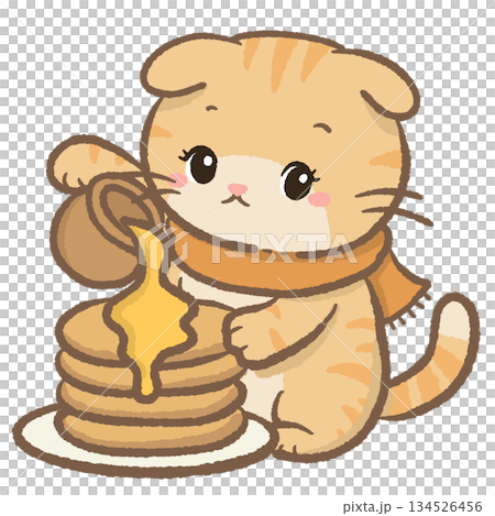 Cute cozy orange tabby cat pouring honey syrup on pancake stack breakfast food illustration kawaii winter scarf kitten clipart for cafe bakery stickers planners scrapbooking Cute cozy orange tabby cat pouring honey syrup on pancake stack breakfast food illustration kawaii winter scarf kitten clipart for cafe bakery stickers planners scrapbooking 134526456