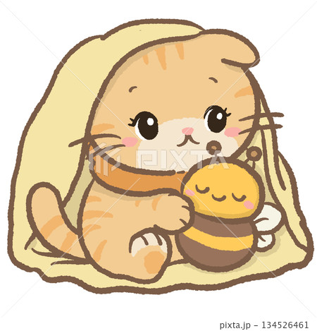 Snuggly Blanket Honey Cat Clipart Cute Orange Kitten Cuddling Bee Plush Under Soft Blanket Cozy Winter Kawaii Character Illustration for Stickers and Craft Projects 134526461