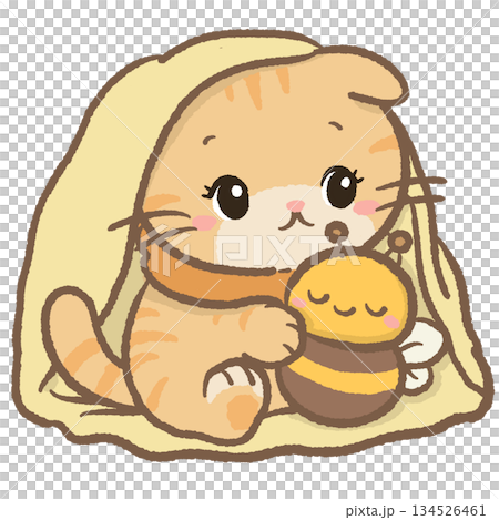 Snuggly Blanket Honey Cat Clipart Cute Orange Kitten Cuddling Bee Plush Under Soft Blanket Cozy Winter Kawaii Character Illustration for Stickers and Craft Projects 134526461