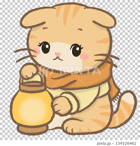 Warm Lantern Cat Clipart Adorable Orange Kitten Holding Glowing Lantern in Cozy Scarf Cute Winter Night Illustration Kawaii Design for Stickers Scrapbooking and Cards 134526462