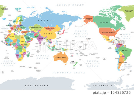 Pacific centered world map. Colored political map, placing the Pacific Ocean at the center, showcasing Asia, Oceania, and the Americas around it, emphasizing the Pacific Rim. Cylindrical projection. 134526726