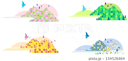 四季の移ろいを感じる山々の風景イラストセット。春の桜、夏の緑、秋の紅葉、冬の雪。 134526864