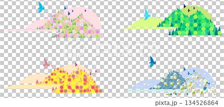 一組描繪山景的插圖，展現了四季的變化：春天的櫻花、夏天的綠意、秋天的落葉和冬天的白雪。 134526864