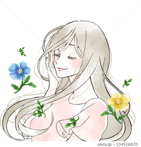 花が飛んでいる気持ち良さそうな頬に手を添えている女性 134526870