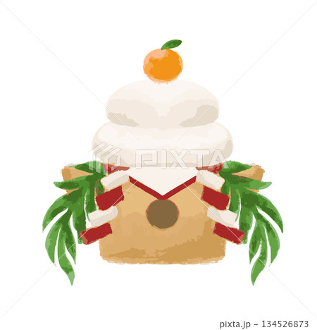 水彩でリアルに描いた鏡餅のイラスト素材単品 134526873