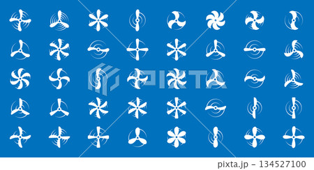 Airplane propellers with dynamic swirl motion. Vector silhouette icon for aviation, drone mechanics, and transport aeronautical themes 134527100