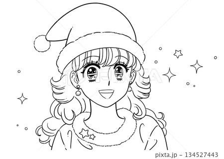 サンタ帽をかぶった女性のぬり絵 サンタ帽をかぶった女性のぬり絵 134527443