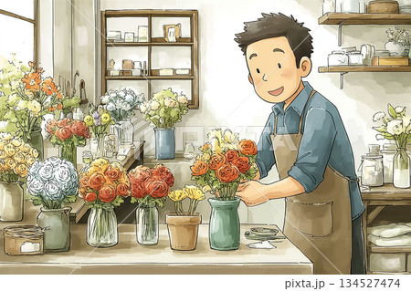 花屋でブーケを丁寧にアレンジする男性スタッフ 134527474