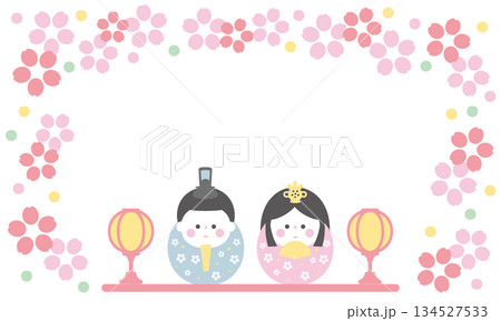 だるま型のかわいいひな人形と花のひなまつりフレーム 134527533