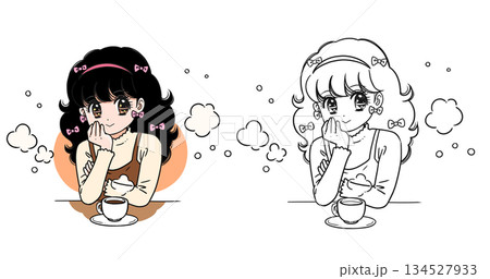 ホットドリンクとかわいい女性のカラーイラストとぬりえ ホットドリンクとかわいい女性のカラーイラストとぬりえ 134527933