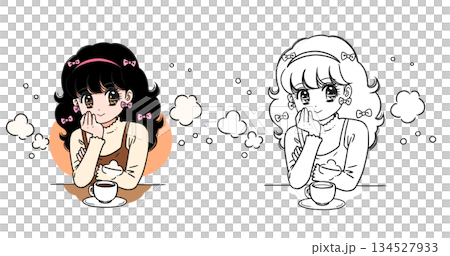 ホットドリンクとかわいい女性のカラーイラストとぬりえ ホットドリンクとかわいい女性のカラーイラストとぬりえ 134527933