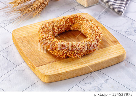 Traditional Turkish Simit circkle with sesame seeds Traditional Turkish Simit circkle with sesame seeds 134527973