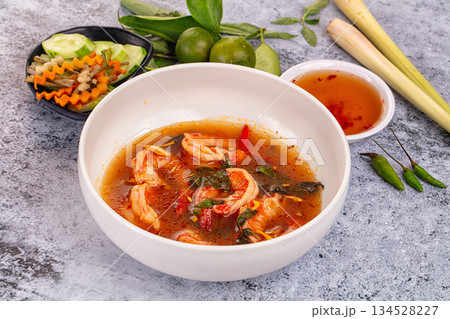 Asian sour spicy soup with prawn 134528227