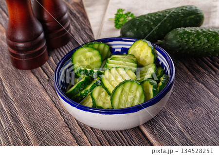 Fresh green ripe cucumber slices 134528251