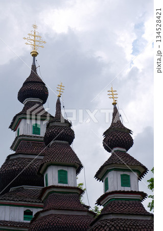 Wooden orthodox Carpathian Ruthenian Church of the Saint Michael Archangel at Kinsky Gardens, Petrin, Prague, Czech Republic 134528421