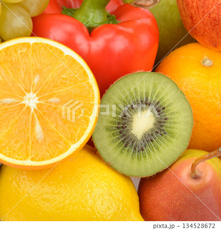 Vibrant Close-Up of Fresh Fruits and Vegetables. Vibrant Close-Up of Fresh Fruits and Vegetables. 134528672