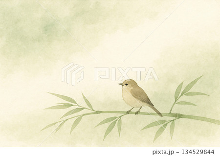 小鳥シリーズ:竹の枝にとまる小鳥の横長和風背景 小鳥シリーズ:竹の枝にとまる小鳥の横長和風背景 134529844