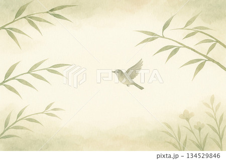 小鳥シリーズ：枝と葉の間を飛ぶ小鳥の横長背景 134529846