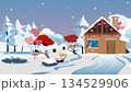 Cute heart shaped snowman with Santa hat holding red roses and balloons near a cozy house. Winter landscape vector illustration for Christmas. Valentine's Day and holiday romance concepts. 134529906