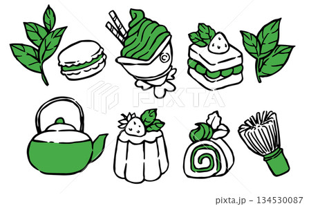 Japanese matcha tea. Doodle set of elements. Matcha tea and desserts. Japanese matcha tea. Doodle set of elements. Matcha tea and desserts. 134530087