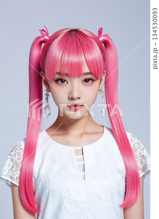 仮想アイドル風のピンクのツインテール美女のポートレート 134530093