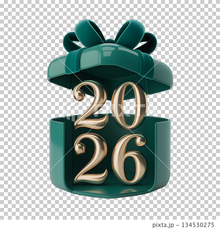 3d render of a stylish green gift box opening to reveal large, reflective golden numbers for the new year 2026 on an isolated background 3d render of a stylish green gift box opening to reveal large, reflective golden numbers for the new year 2026 on an isolated background 134530275