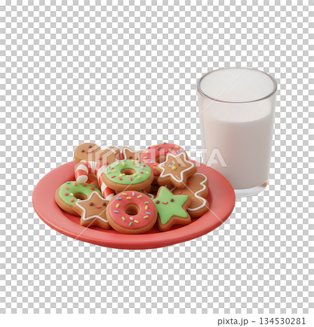 3d scene of freshly baked christmas cookies and a glass of milk on a red plate, perfect for santa, holiday treats, and festive concepts 134530281