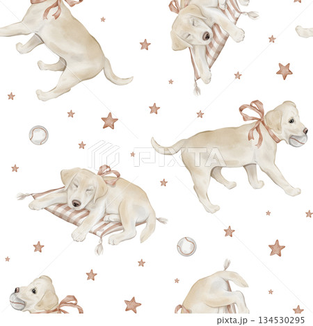 Seamless pattern with Labradors with tied to ribbon and stars. Repeat ornament with hand drawn illustration dogs and baseball ball for design and beige grey muted tones for baby design. 134530295