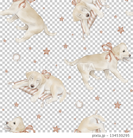 Seamless pattern with Labradors with tied to ribbon and stars. Repeat ornament with hand drawn illustration dogs and baseball ball for design and beige grey muted tones for baby design. 134530295