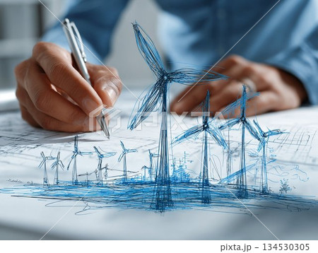 風力発電の風車のイメージをスケッチ 再生可能エネルギーのイメージ 風力発電の風車のイメージをスケッチ 再生可能エネルギーのイメージ 134530305