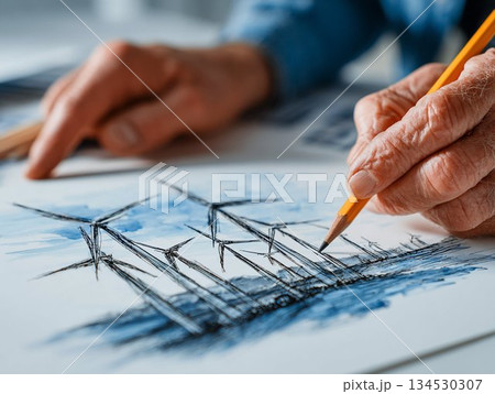 風力発電の風車のイメージをスケッチ　再生可能エネルギーのイメージ 134530307