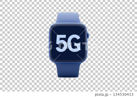 A sleek blue smartwatch prominently displaying "5G" on its screen, highlighting modern technology and connectivity. 134530413