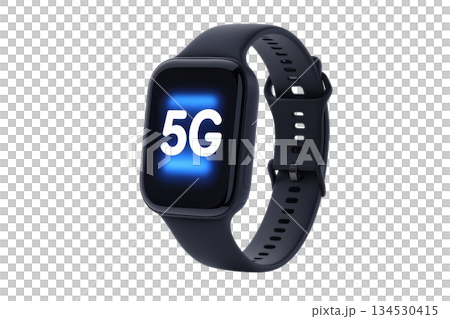 A sleek smartwatch displaying "5G" connectivity in a modern design, featuring a black strap and vibrant screen. 134530415
