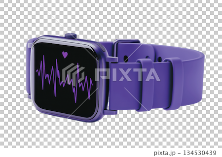 A modern purple smartwatch displaying a heartbeat monitor on its screen, designed for fitness tracking and health monitoring. 134530439
