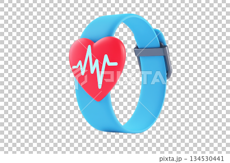 A vibrant blue smartwatch featuring a heart symbol with a heartbeat line, representing health and fitness tracking. 134530441